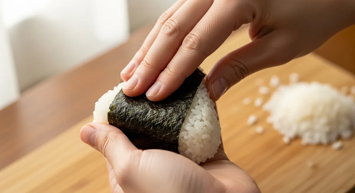 Infographie 5 étapes façonner un onigiri triangulaire à la main