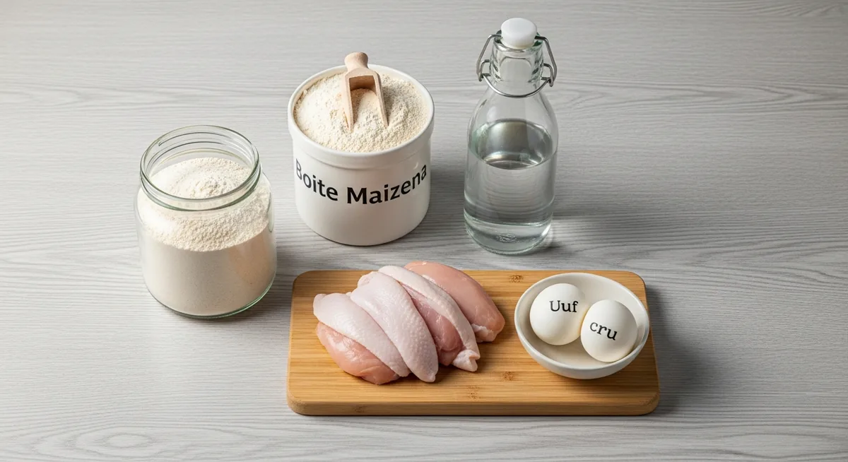 Ingrédients pâte tempura poulet : farine, maïzena, eau gazeuse froide