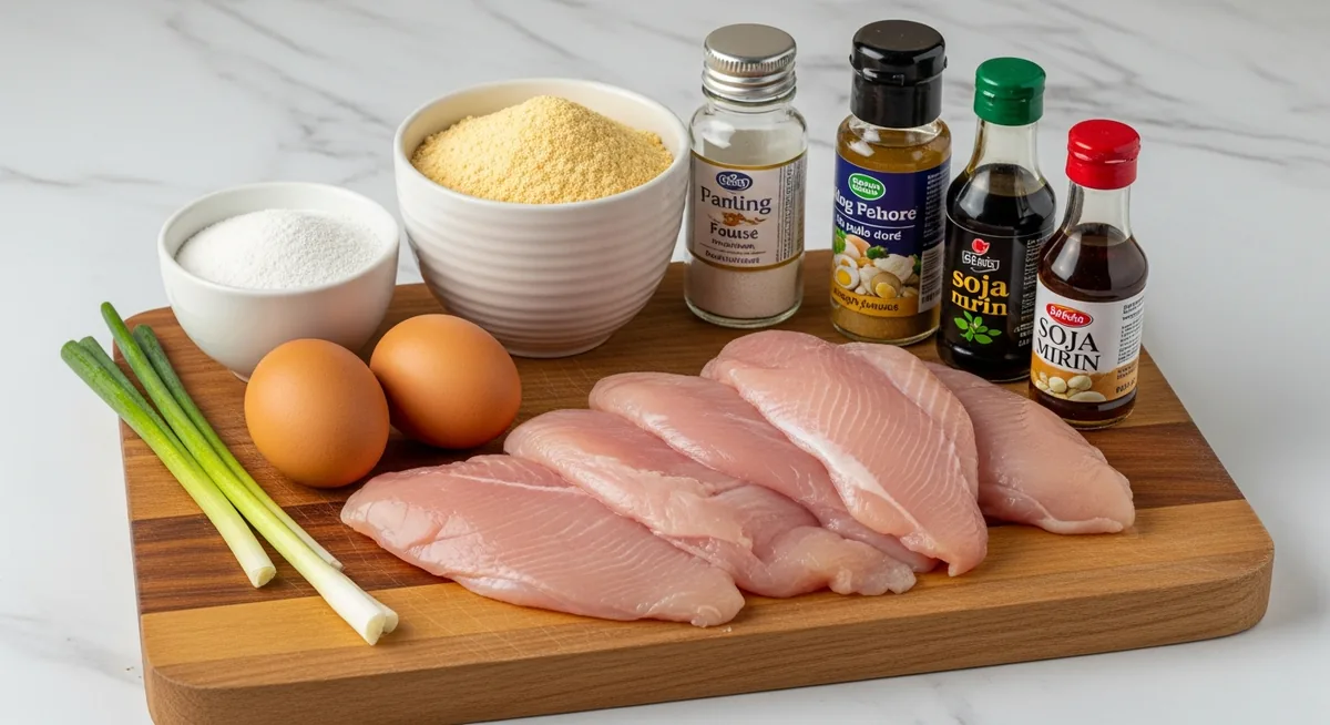 Ingrédients recette poulet panko : filets de poulet, chapelure panko, soja, mirin