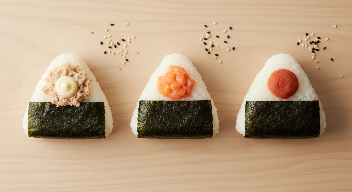 Trois onigiri triangulaires thon mayo saumon umeboshi sur bois