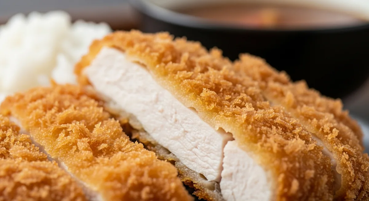 Poulet panko croustillant coupé en deux, texture dorée et chair juteuse