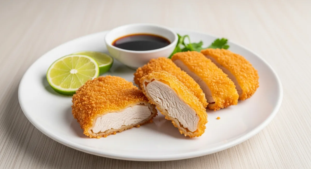 Poulet tempura croustillant servi avec citron vert et sauce soja