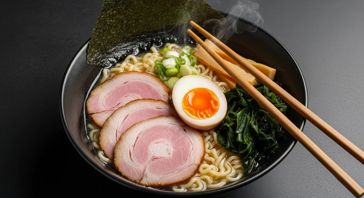 Bol de ramen traditionnel japonais avec chashu ajitama nori et bouillon fumant