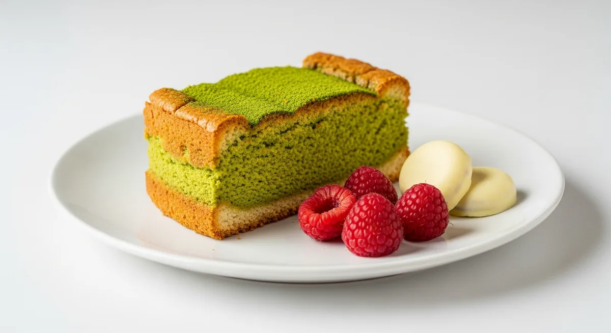 Tranche cake thé matcha moelleux chocolat blanc framboises