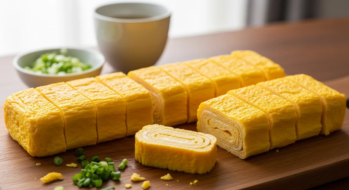 Comparaison tranches omelette japonaise tamagoyaki sucrée et dashimaki salée