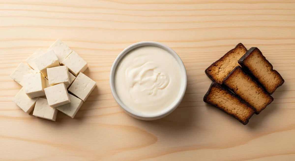Comparaison visuelle tofu ferme, tofu soyeux et tofu fumé sur planche bois