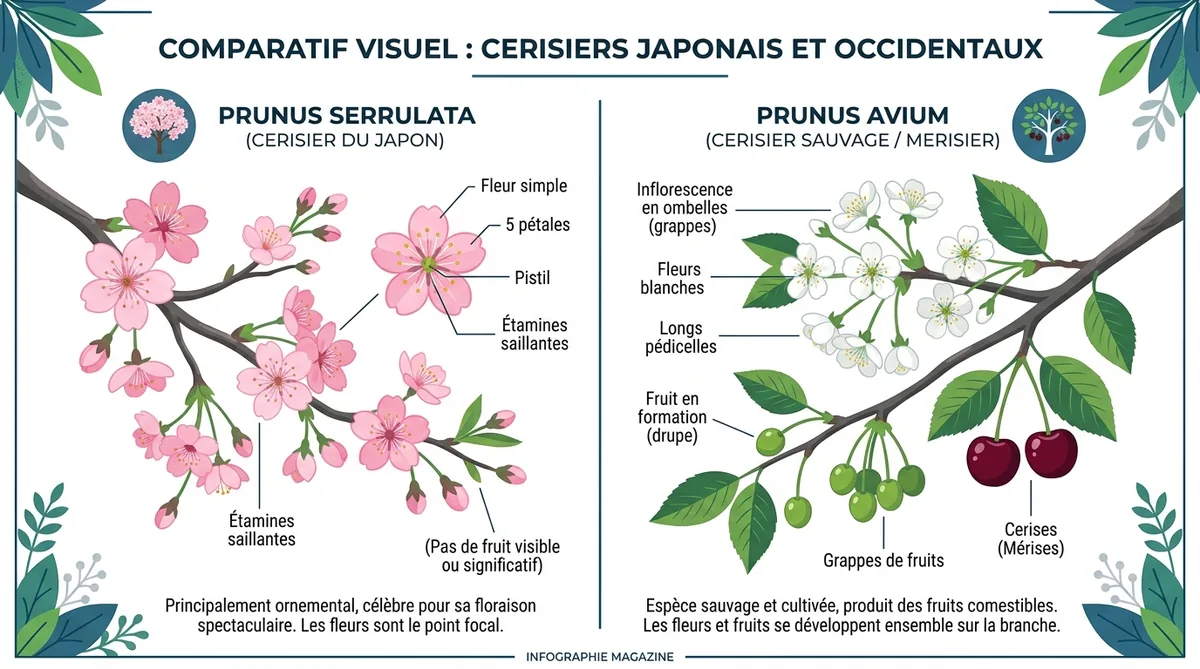 Différence Prunus serrulata sakura et cerisier fruitier occidental