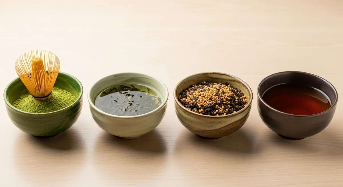 Différence visuelle matcha sencha genmaicha hojicha thés japonais