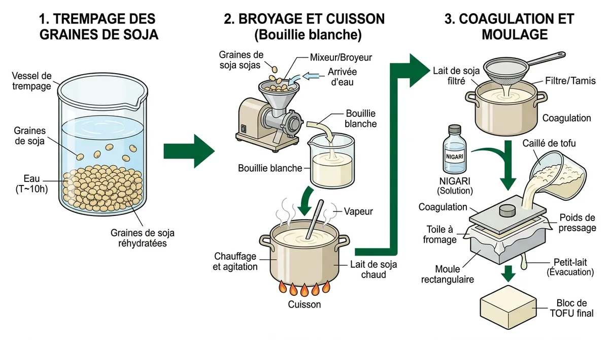 Schéma fabrication tofu en trois étapes : trempage, broyage, coagulation