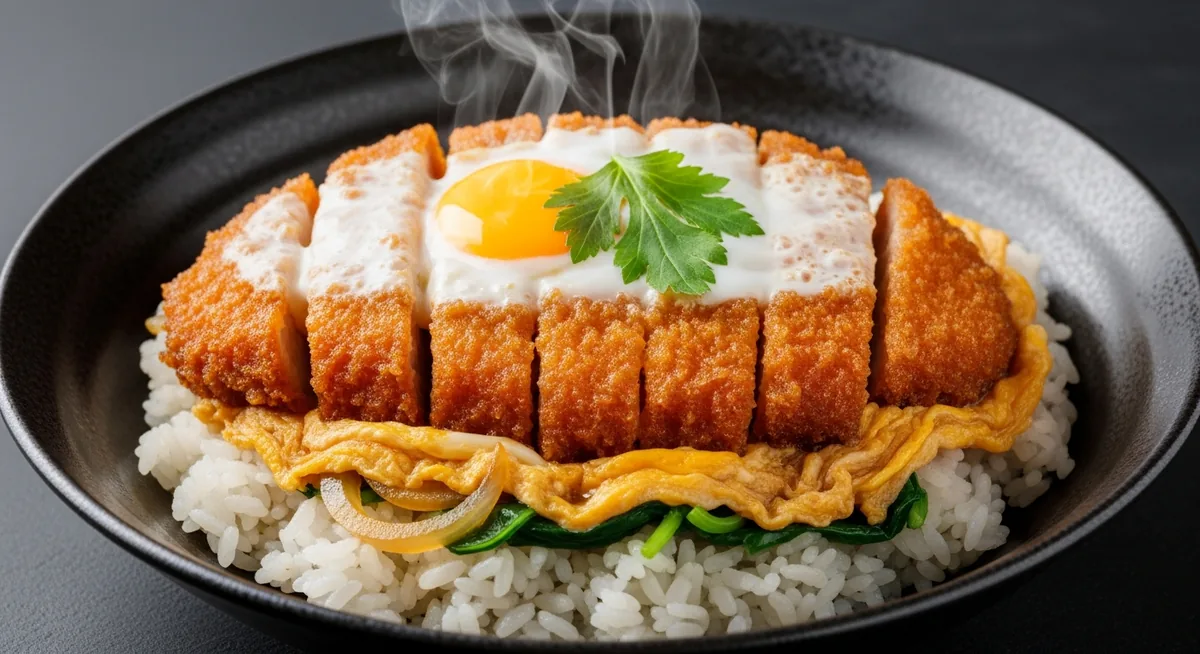 Bol de katsudon recette final avec porc pané croustillant et œuf baveux