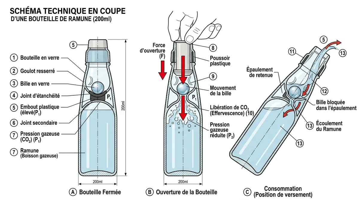 Schéma mécanisme bille bouteille Ramune japonaise