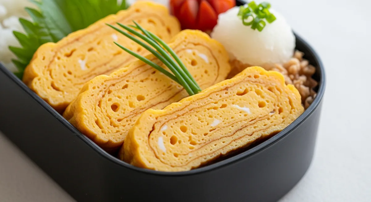 Tranches d'omelette japonaise tamagoyaki dans bento avec riz et daikon