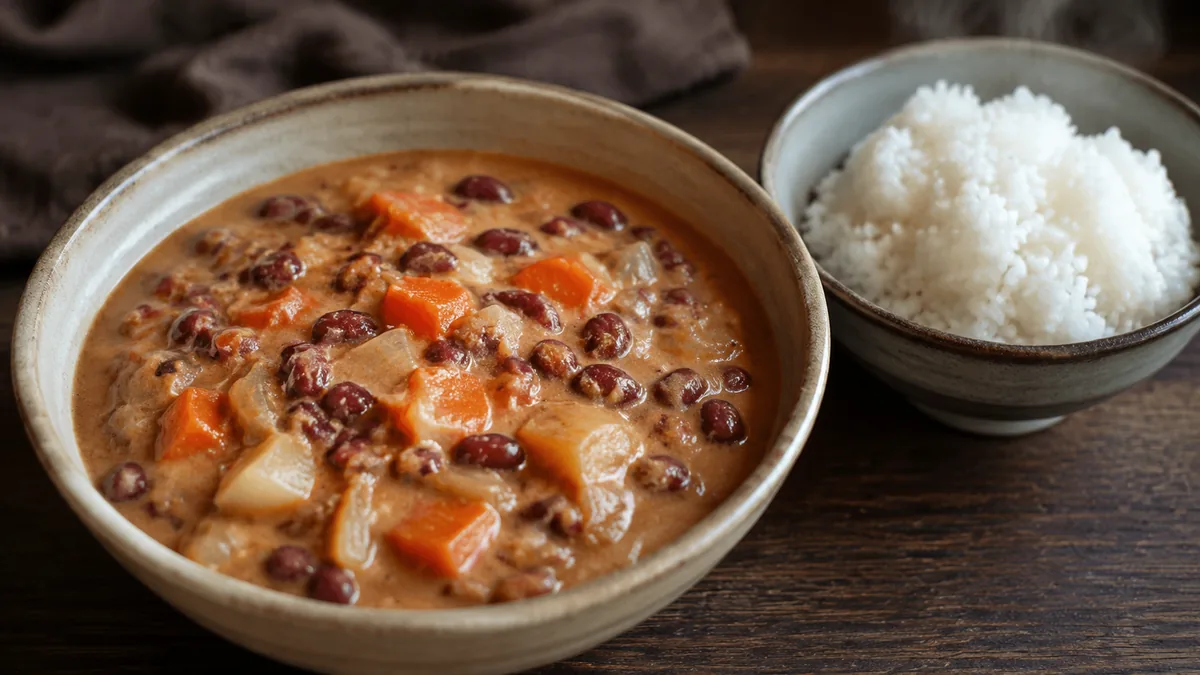 Curry végétal d’azuki au lait de coco servi avec du riz