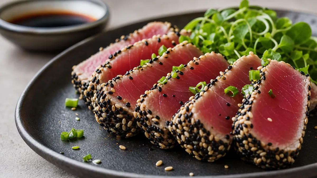 Coupe d'un tataki de thon cru au centre