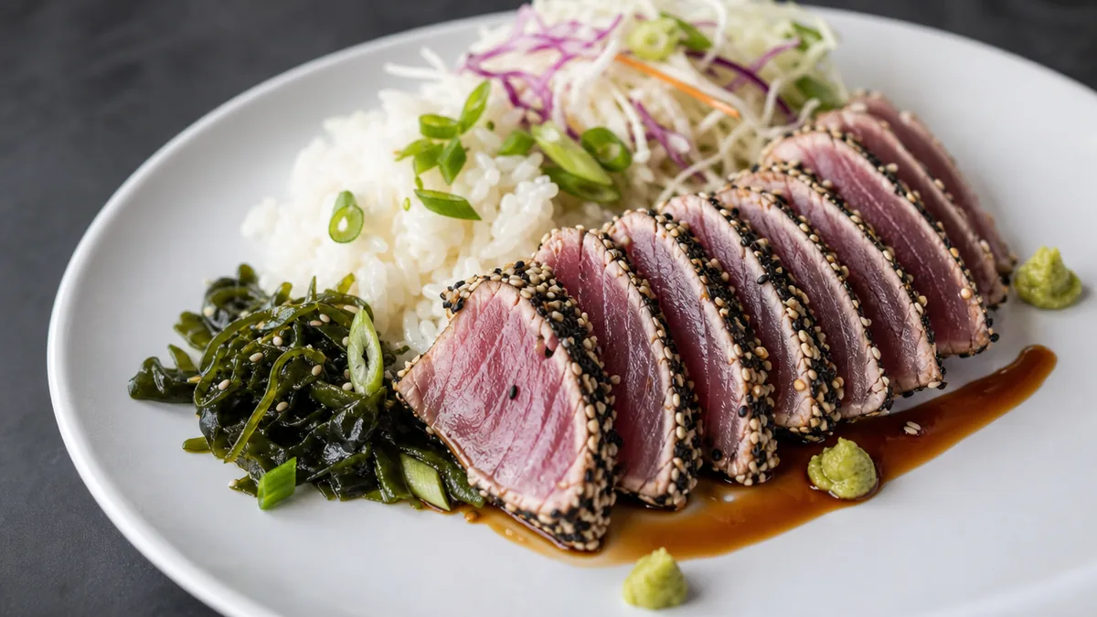 Tataki de thon au sésame dressé avec riz et algues