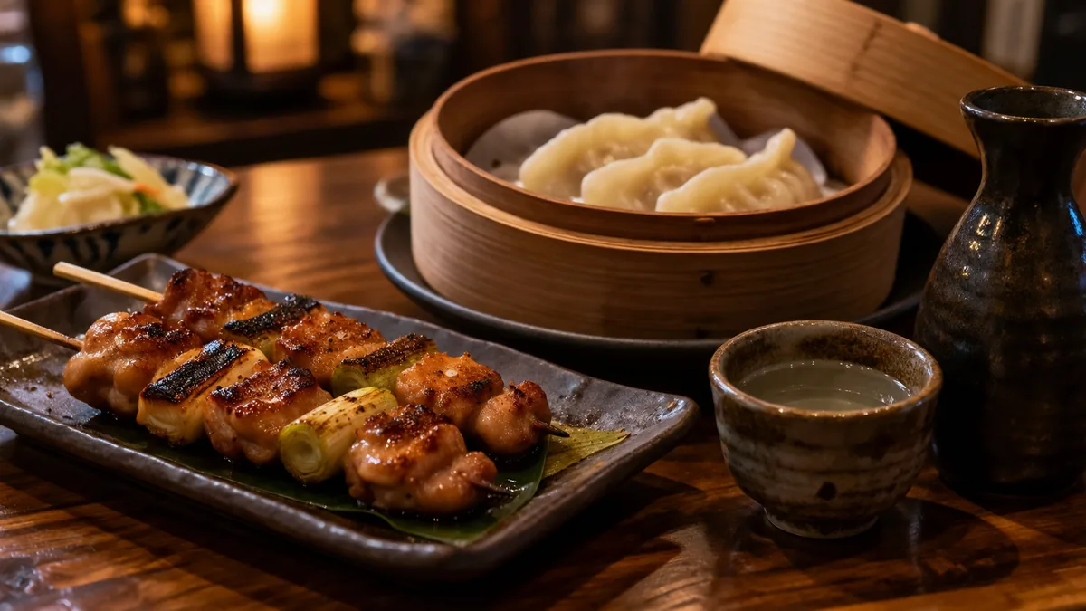 Brochettes yakitori et verre de saké sur une table d'izakaya