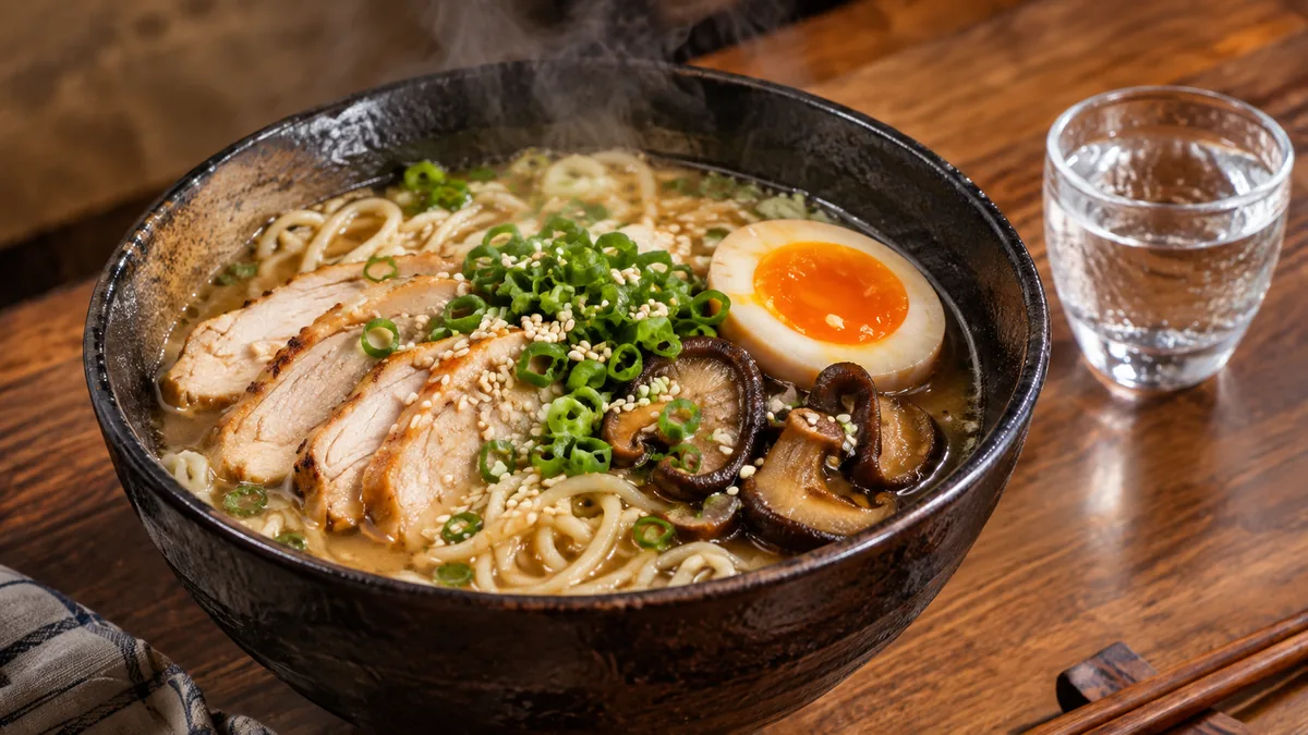 Bol de ramen poulet garni servi avec un verre de saké
