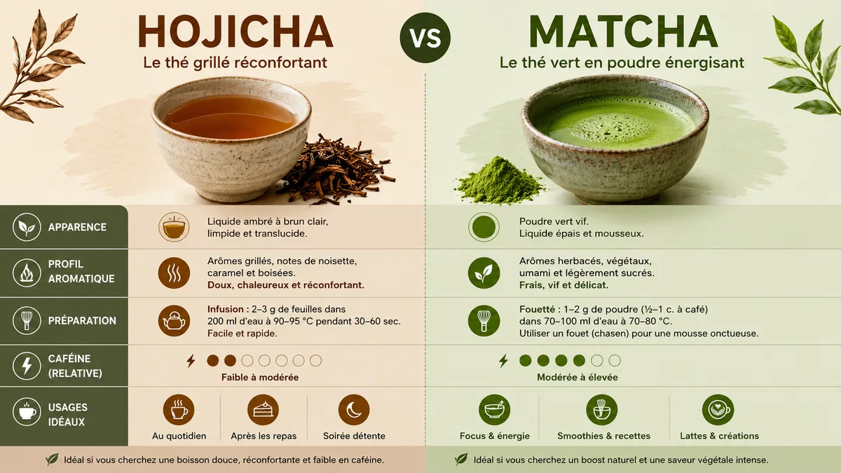 Comparatif visuel entre hojicha et matcha japonais