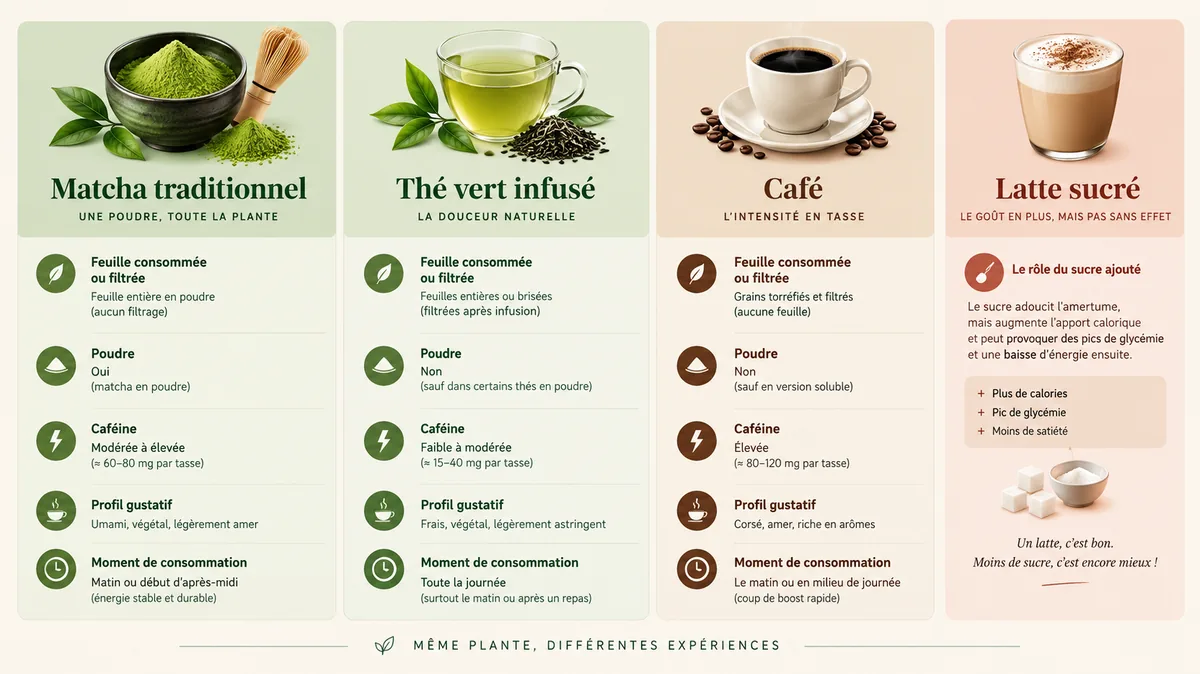 Comparatif matcha thé vert infusé et café