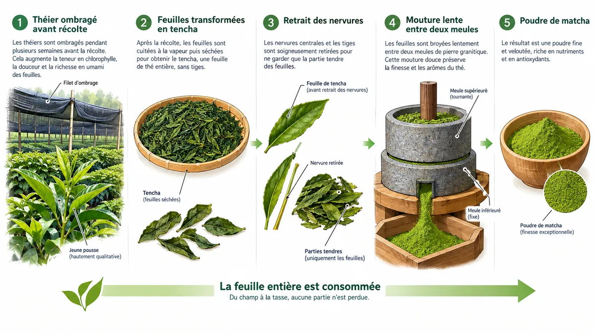Schéma de fabrication du matcha japonais en poudre