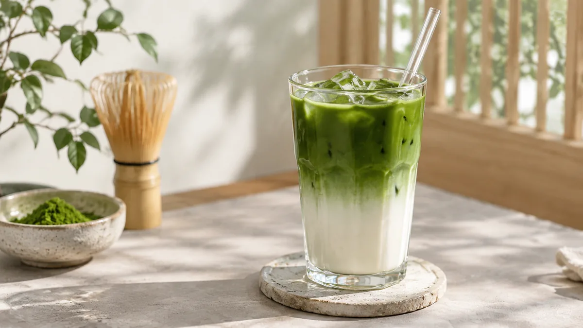 Iced matcha latte glacé avec effet de dégradé vert et blanc dans un verre