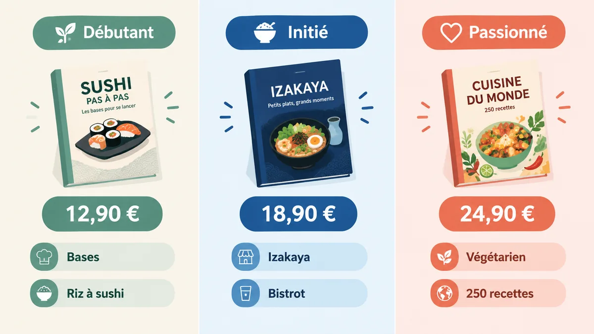 Infographie comparant trois niveaux de livres de cuisine japonaise et leurs prix