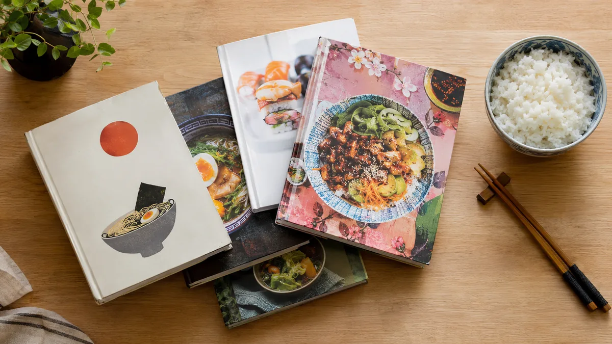 Sélection de livres de cuisine japonaise posés sur une table avec riz et baguettes