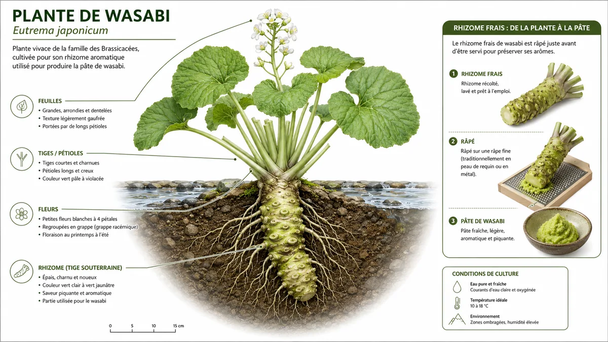 Schéma annoté de la plante et du rhizome de wasabi