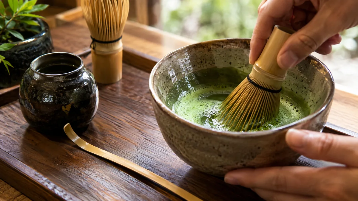 Préparation traditionnelle du matcha au chasen