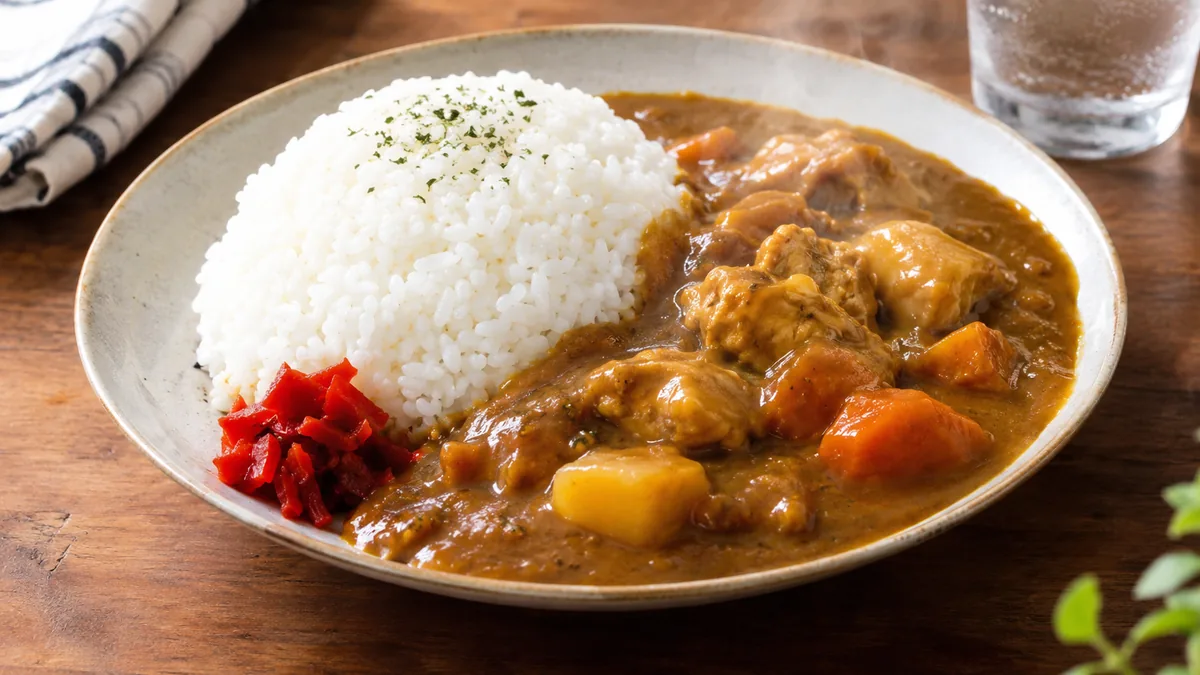 Curry japonais au poulet, riz rond et fukujinzuke