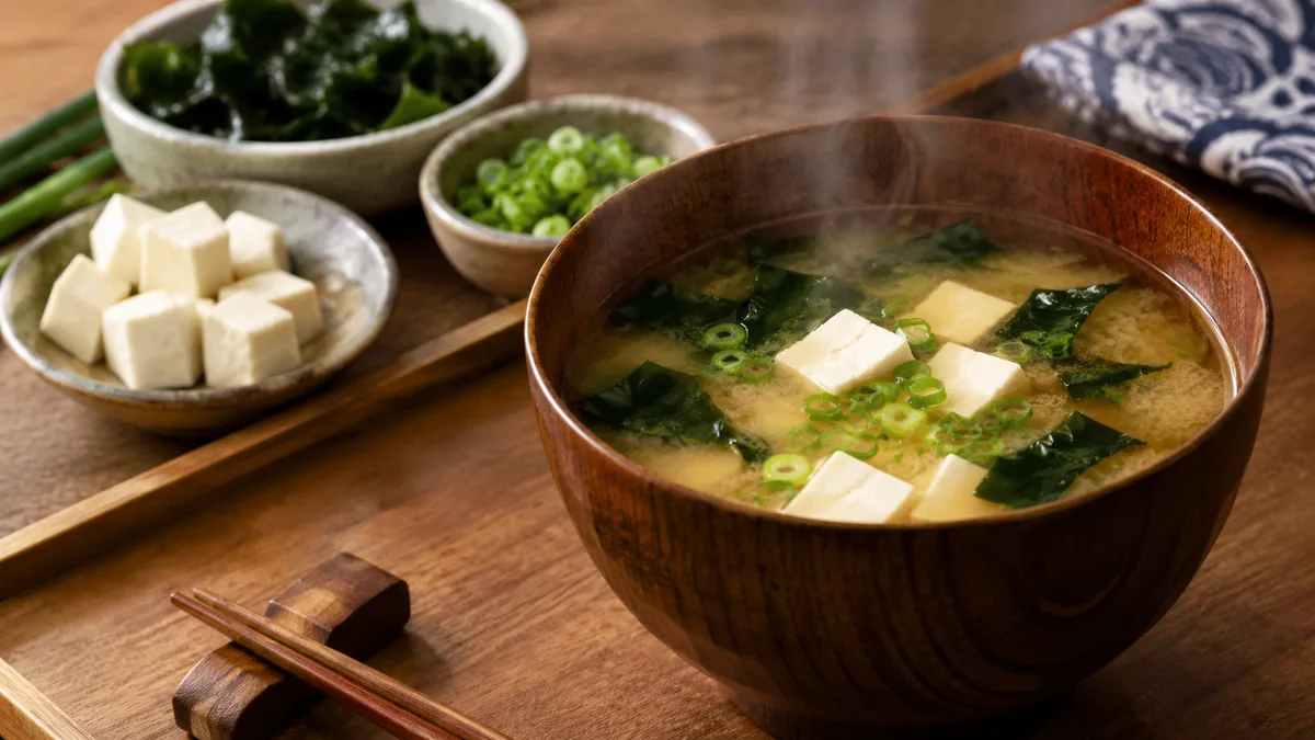 Bol de soupe miso avec tofu wakame et ciboule