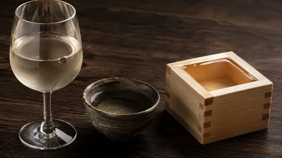 Trois verres à saké différents : vin blanc, ochoko et masu en bois